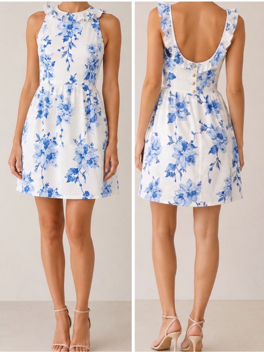 Camilyn Beth Go Go Dress Ruffle Collar Open Back Buttons in Blue White - Picture 9 of 9